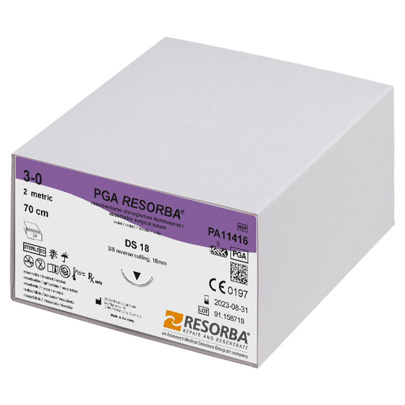 ПГА Ресорба USP 3-0 фіолетовий, 70 см, зворотньо-ріжуча голка 18 мм, 3/8 кола